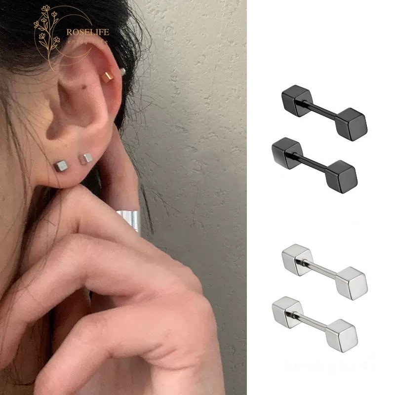 Bộ 2 Khuyên Tai Hình Khối Lập Phương Nhỏ 3D Bằng Thép Titan Không Gỉ Chống Nước Thời Trang Unisex