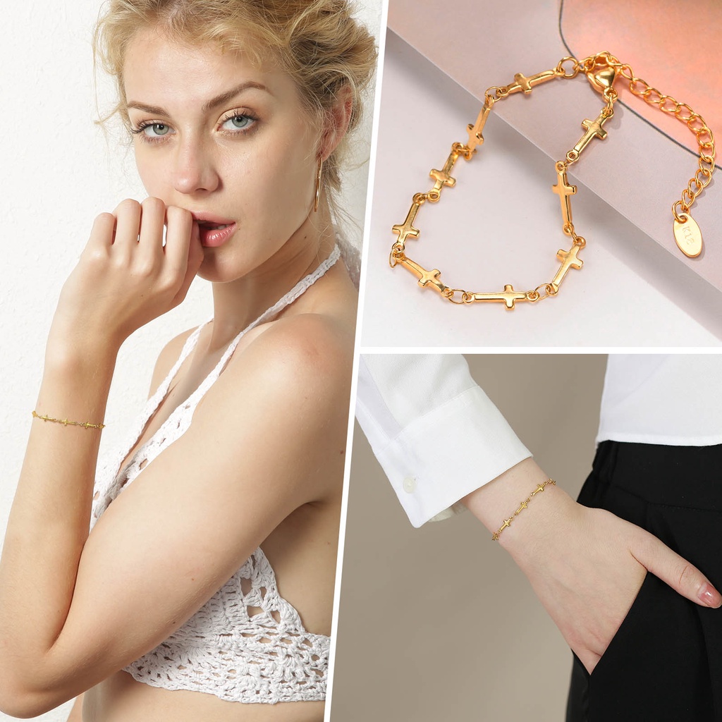 Vnox Vòng Đeo Tay Bằng Thép Không Gỉ Hình Thánh Giá Màu Vàng Kim Cho Nữ