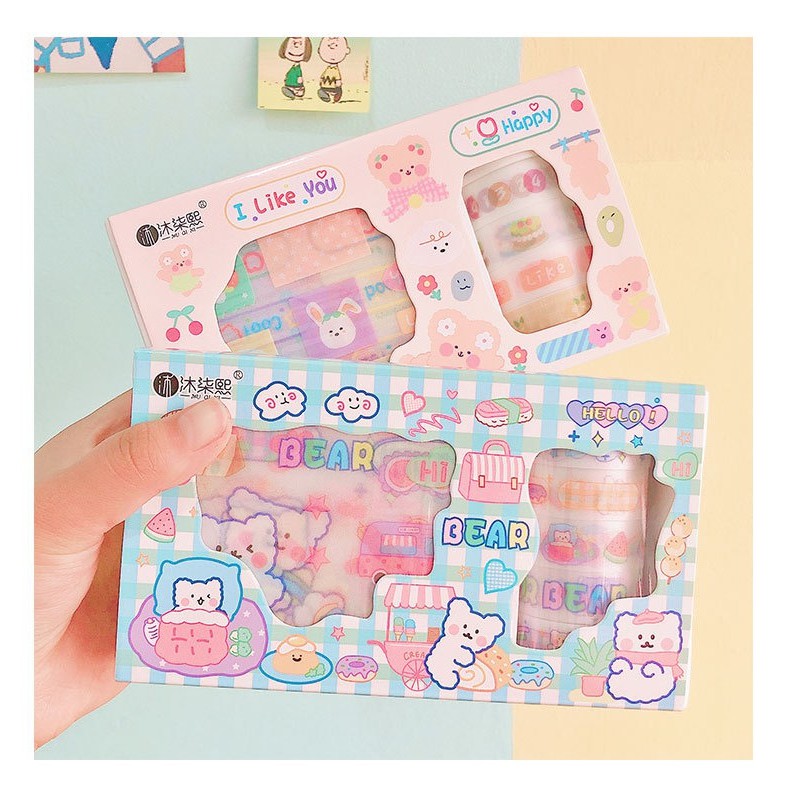 Set Hộp Washi Tape &amp; Sticker nhiều mẫu cute - Hộp 5 cuộn washi tape + 10 sticker dễ thương - Corgi Shop