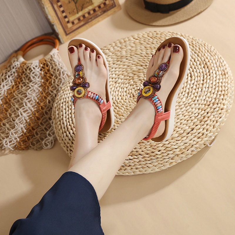 Giày Sandal Đế Bằng Đính Hạt Phong Cách Bohemian Retro Thời Trang Cho Nữ