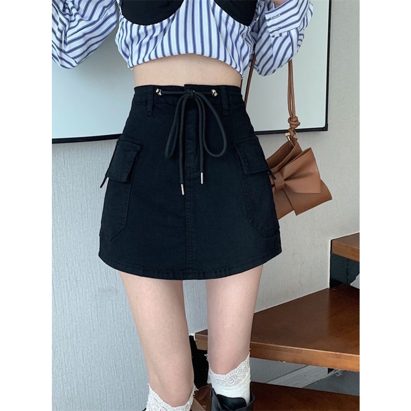 Chân Váy Denim Lưng Cao Phối Dây Rút Thời Trang Mùa Hè Cho Nữ