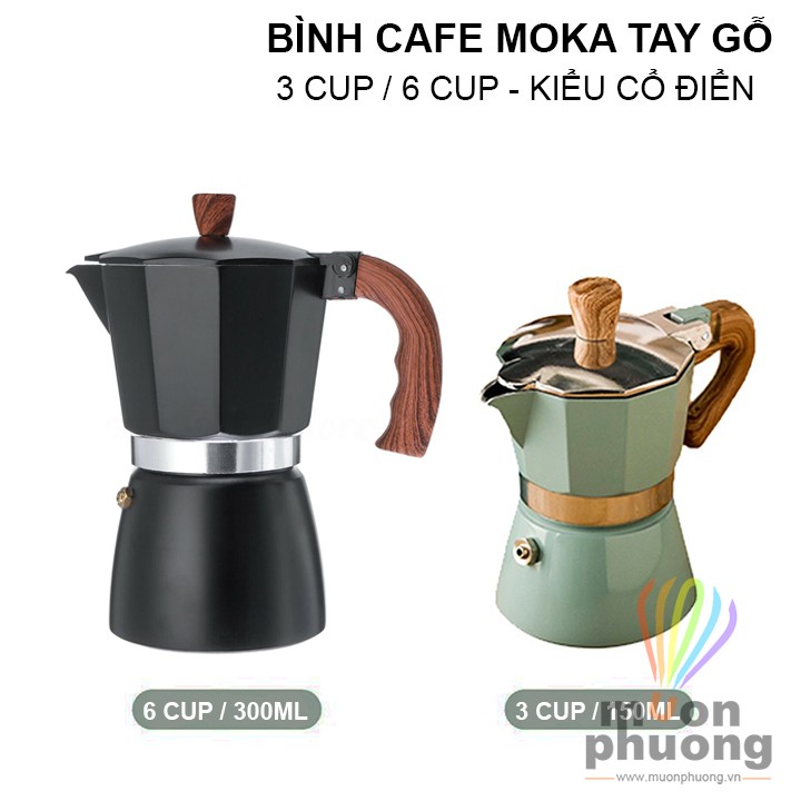 [FRSHIP20K] Bình pha cafe moka tay cầm gỗ kiểu dáng cổ điển châu Âu- MUÔN PHƯƠNG SHOP