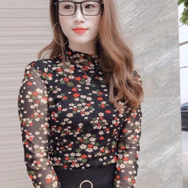 Áo ren hoa dài tay cổ cao freesize 40-65kg