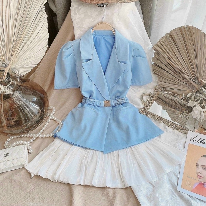 NS10 Set bộ vest xanh ngắn tay kèm belt thời trang phối chân váy voan tơ sang trọng.