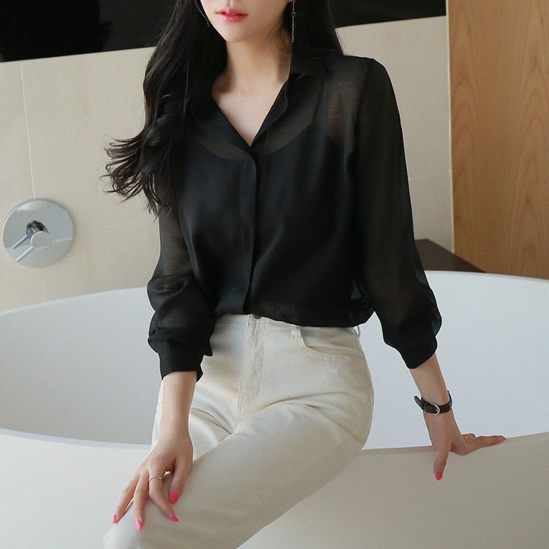 Áo Sơ Mi Chiffon Siêu Mỏng 12.5 Màu Đen Tay Dài Thời Trang Mùa Thu Dành Cho Nữ