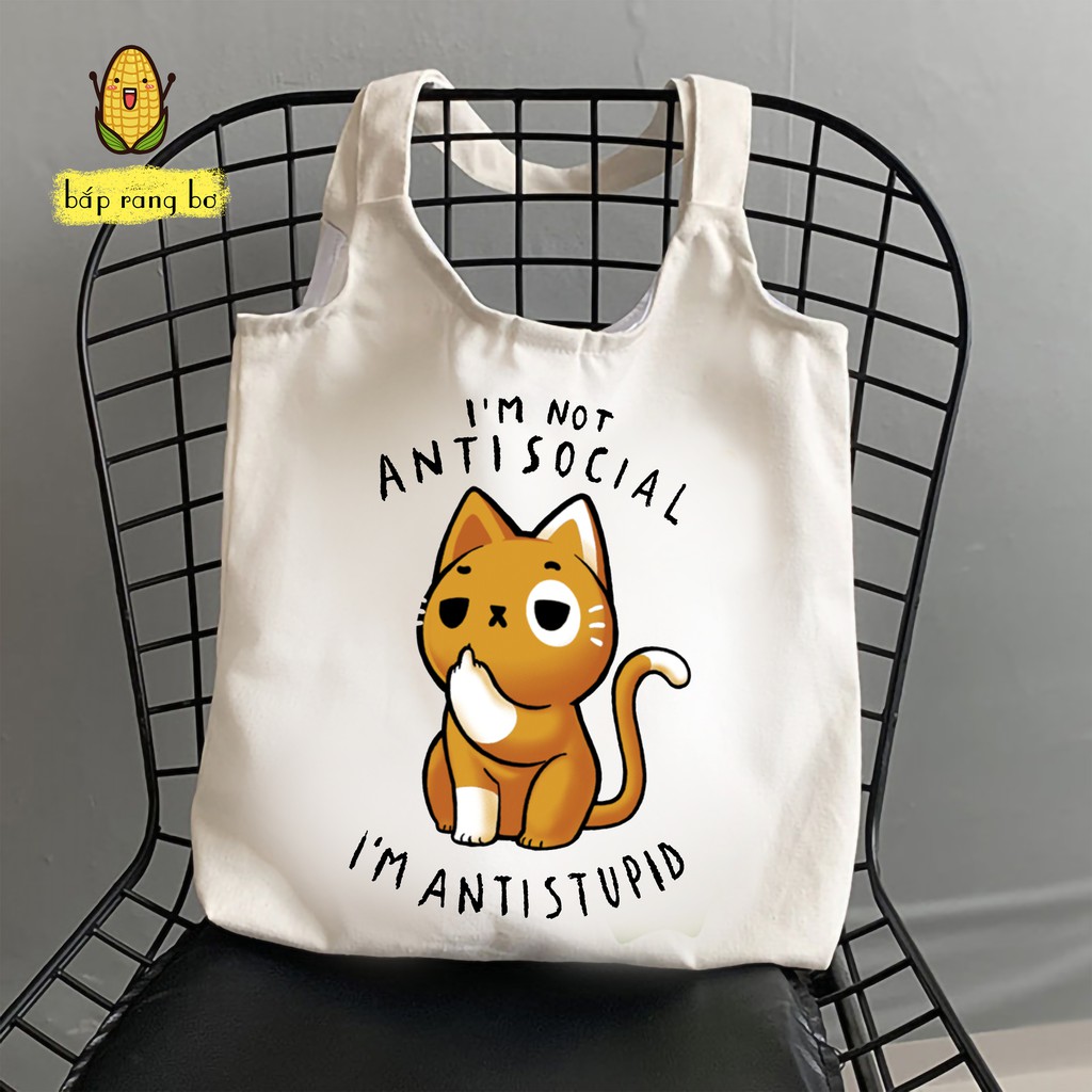 TÚI TOTE TRÒN MÈO JUDGING YOU VẢI DỆT CANVAS CÓ TÚI CON