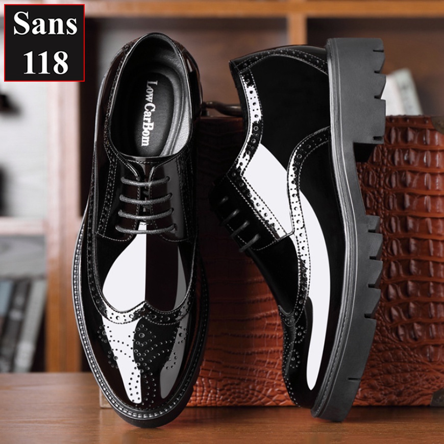 Giày tây nam tăng chiều cao 10cm Sans118 giầy da bóng đế độn nâng gót chú rể mặc vest âu công sở size nhỏ bé 37