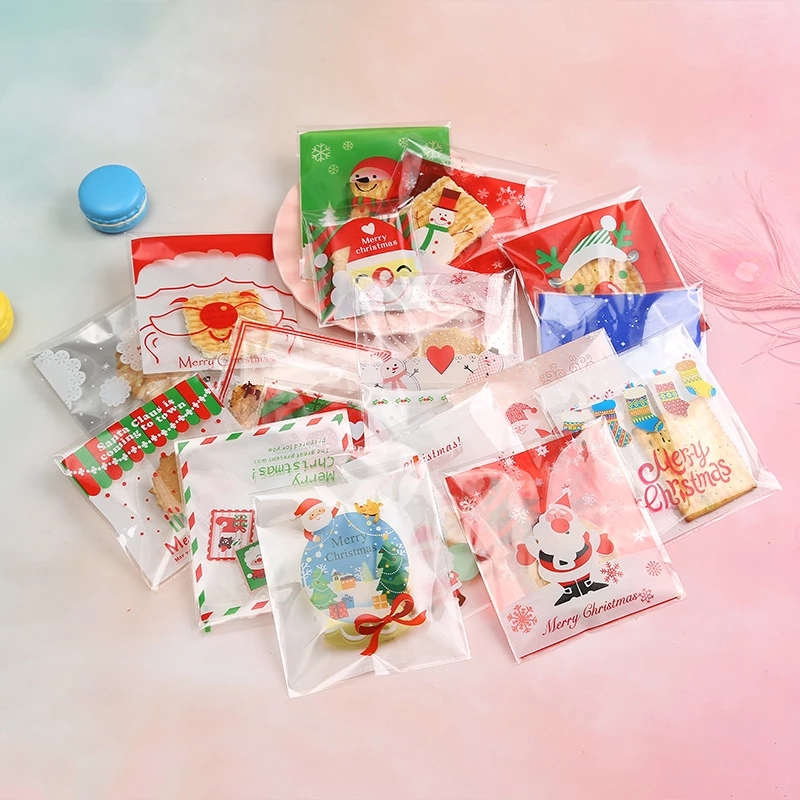 100 Túi nhựa tự dính phong cách hoạt hình Giáng sinh dễ thương đựng bánh quy đồ ăn nhẹ