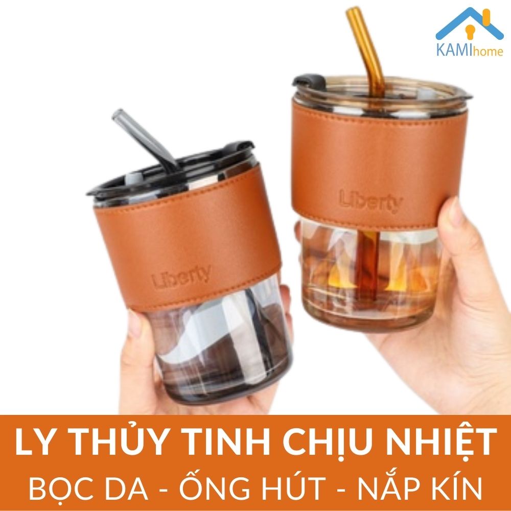 Ly thủy tinh uống nước (kèm Vỏ da + Nắp + Ống hút) màu hổ phách chịu nhiệt nóng lạnh cỡ 400ml mã 22051