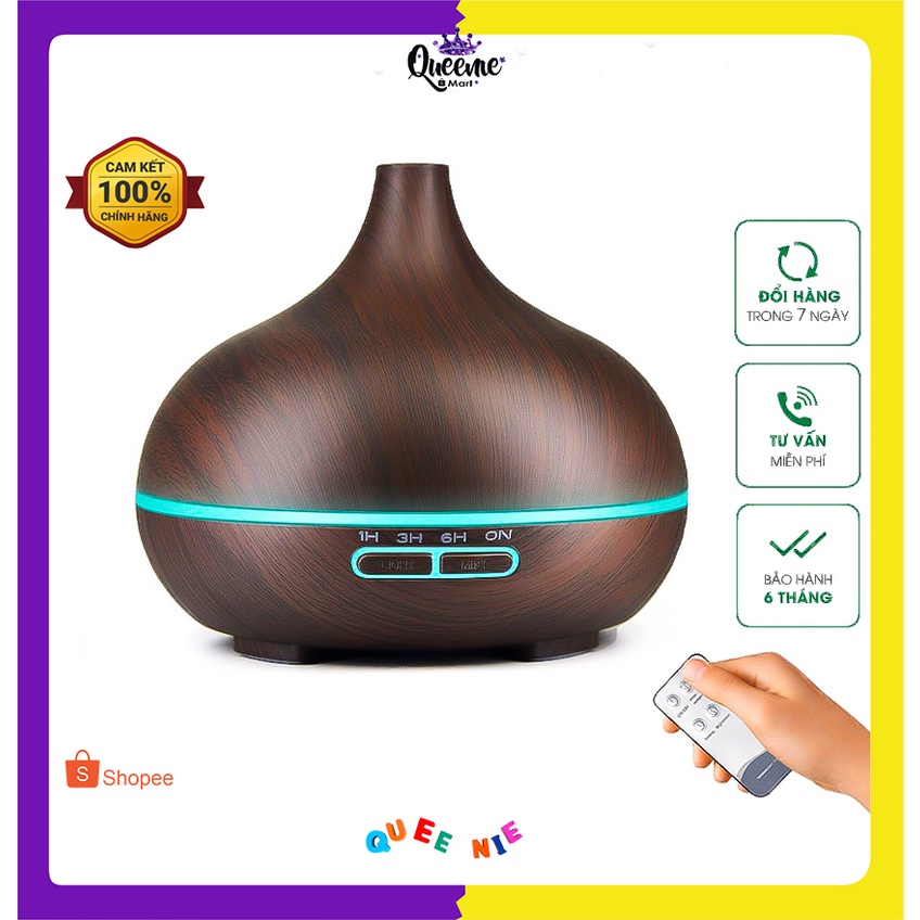 Máy khuếch tán tinh dầu, MKT1801 Cổ Cao vân gỗ, dung tích 550ML, có điều khiển, đèn led 7 màu, tạo ẩm và đuổi côn trùng.