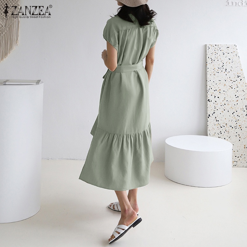 Zanzea Đầm Dài Mỏng Dáng Rộng Cột Dây Phối Bèo Thời Trang Đường Phố Thanh Lịch Cho Nữ