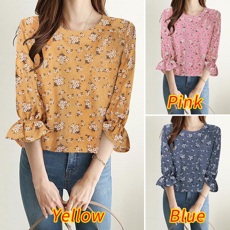 Áo kiểu ZANZEA tay 3/4 cổ tròn in họa tiết hoa phong cách Hàn Quốc thanh lịch dành cho nữ