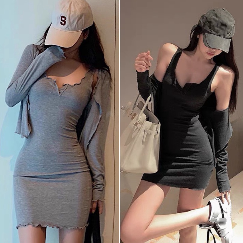 Set váy body kèm áo choàng tay dài 2 màu đen ghi siêu quyến rũ