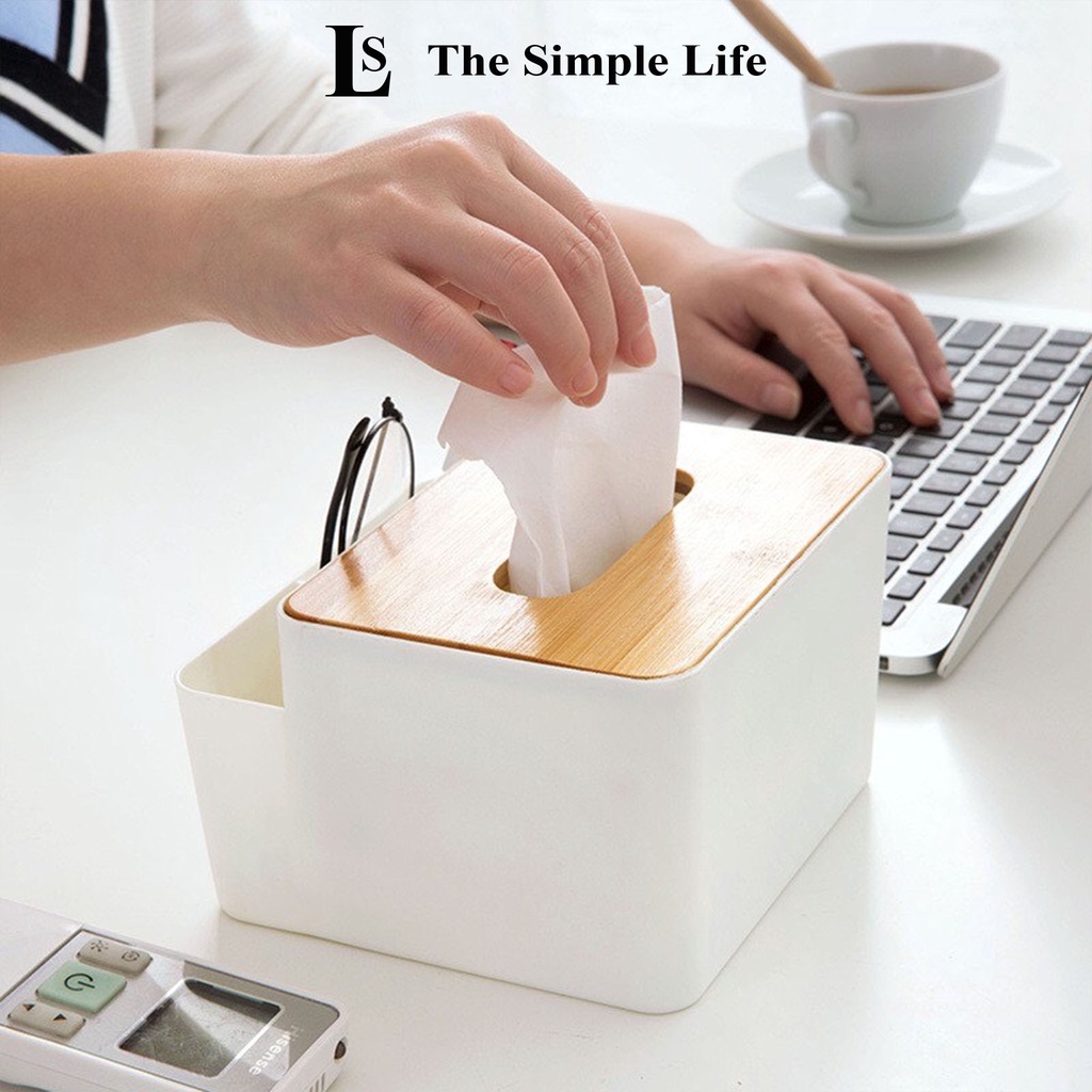 Hộp đựng giấy ăn nắp gỗ, hộp chứa khăn giấy có 2 ngăn để đồ đặt bàn phòng khách, phòng ngủ, bàn làm việc [CHÍNH HÃNG]