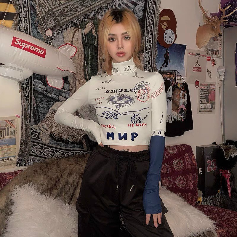 Áo thun ôm dáng tay dài cổ lọ hót họa tiết cá tính nu