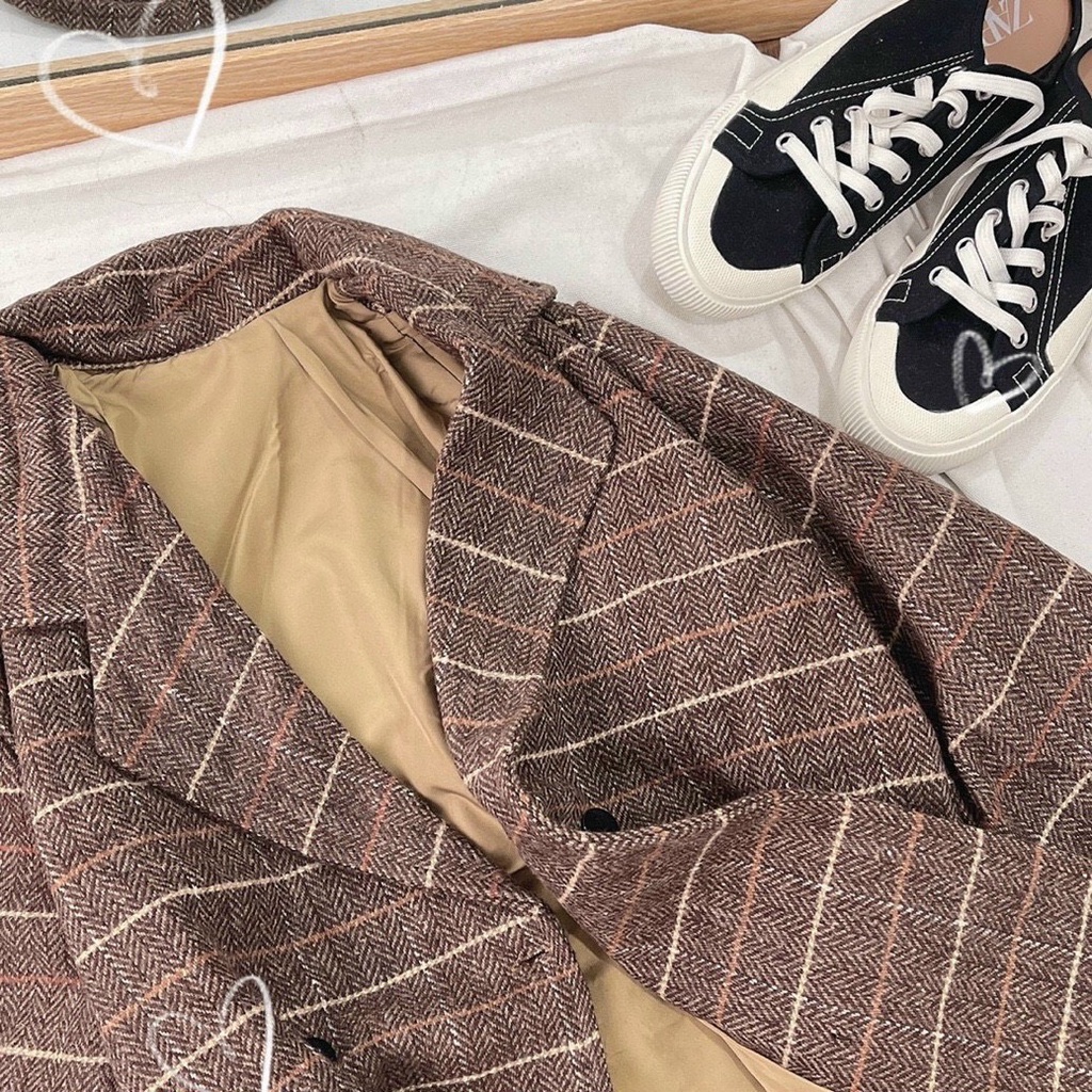 Áo blazer 2 lớp kẻ sọc nâu dài tay phong cách Hàn Quốc