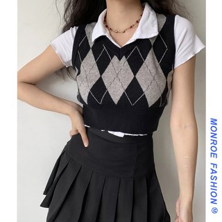 Áo Vest Dệt Kim In Họa Tiết Hình Thoi Cá Tính Cho Nữ