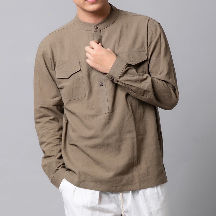 Áo sơ mi linen Nam Cổ Tàu dài tay 2 Túi Hộp Rough | BigBuy360 - bigbuy360.vn