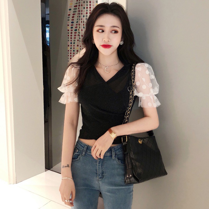 Women Sexy Sling Strapless V Collar Mesh Stitching Short Sleeve Blouse | BigBuy360 - bigbuy360.vn