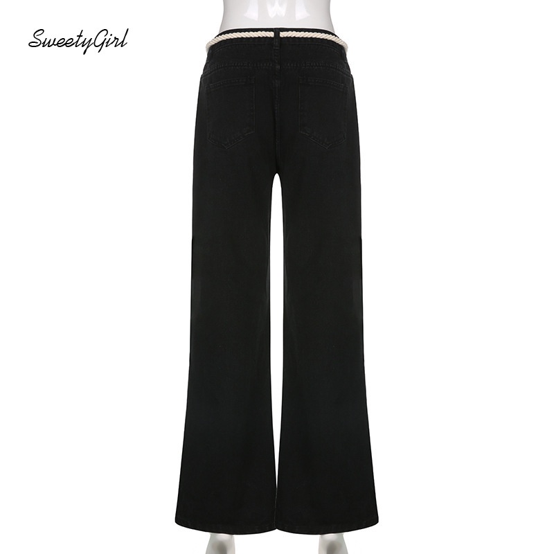 Quần Jeans Dài Ống Rộng Lưng Cao Phối Dây Rút Thời Trang Cho Nữ