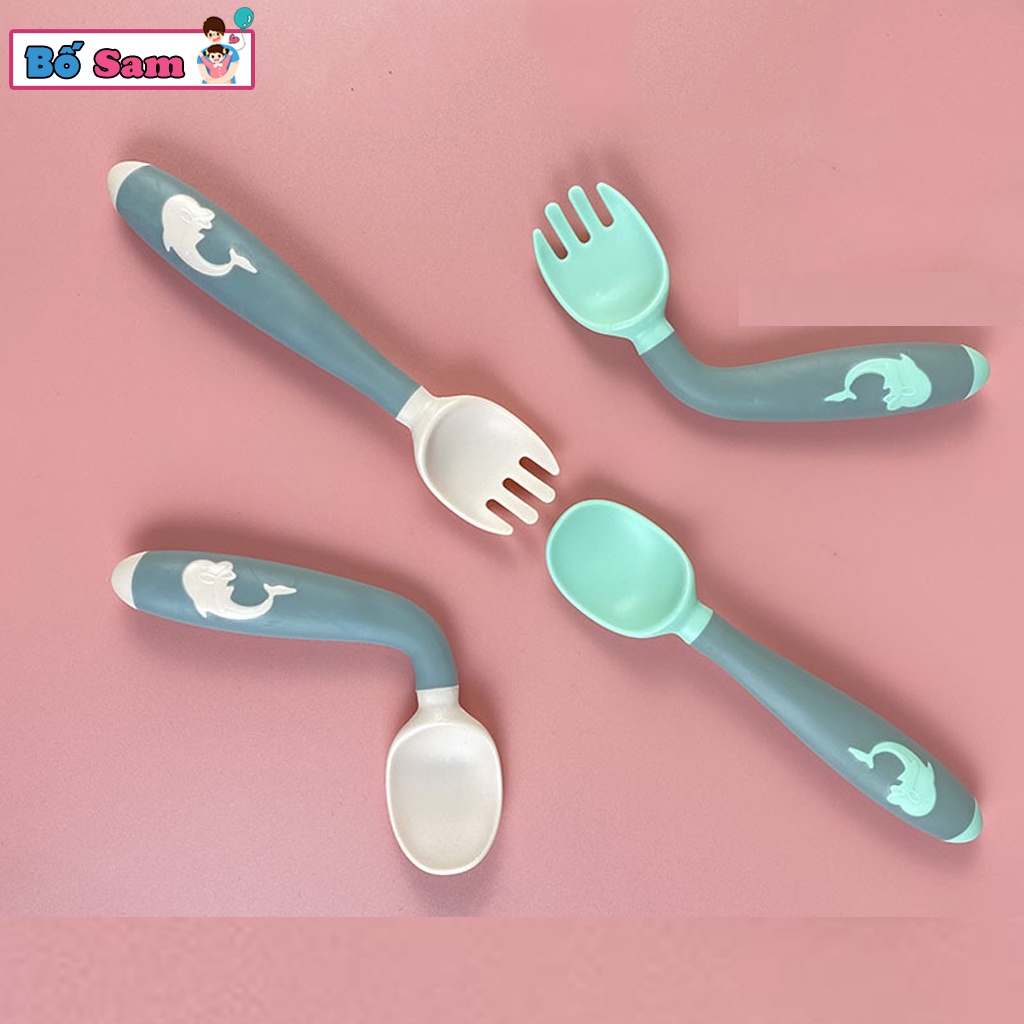 Bộ thìa dĩa cho bé tập xúc uốn cong silicon tay cầm hình cá heo dễ thương Shop Bố Sam