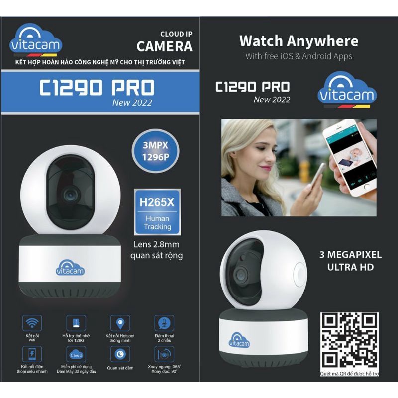 CAMERA IP WIFI VITACAM C1290 Pro - ĐỘ PHÂN GIẢI 3MPX CHUẨN ULTRA HD - LENS 2,8MM GÓC QUAN SÁT SIÊU RỘNG, QUAN SÁT BAn đe