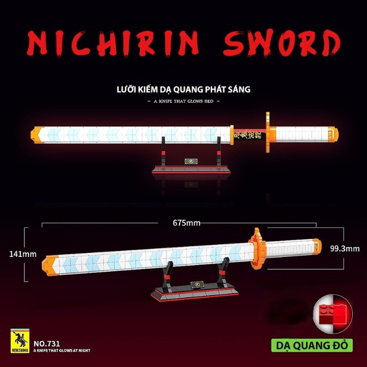 Đồ Chơi Lắp Ráp Kiểu Mô Hình Nhật Luân Kiếm Phát Sáng Của Viêm Trụ Rengoku Kyoujurou trong Kimetsu no Yaiba.