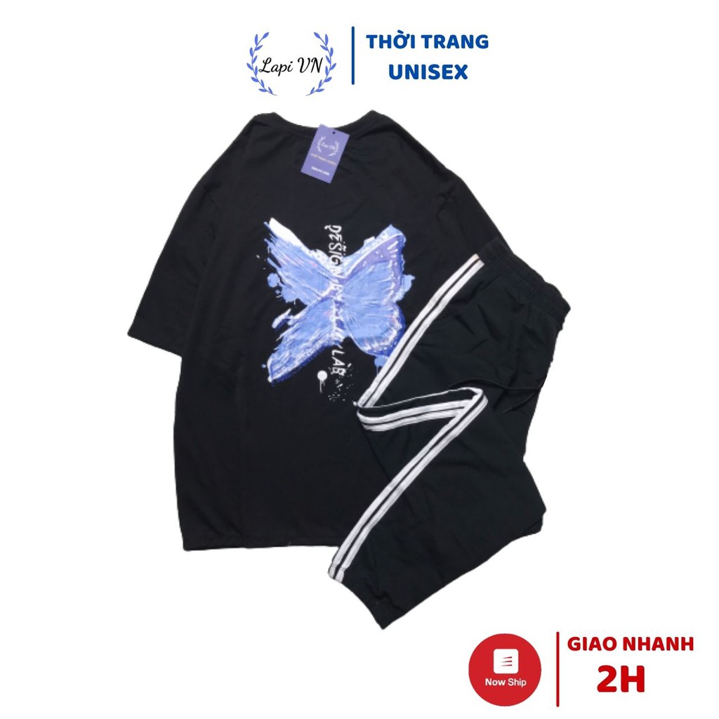 Đồ Bộ Dài Unisex Quần Jogger Áo Thun Butterfly Đen Lapi VN Thoáng Mát, Freesize,Form Rộng, Nam Nữ Đều Mặc Được