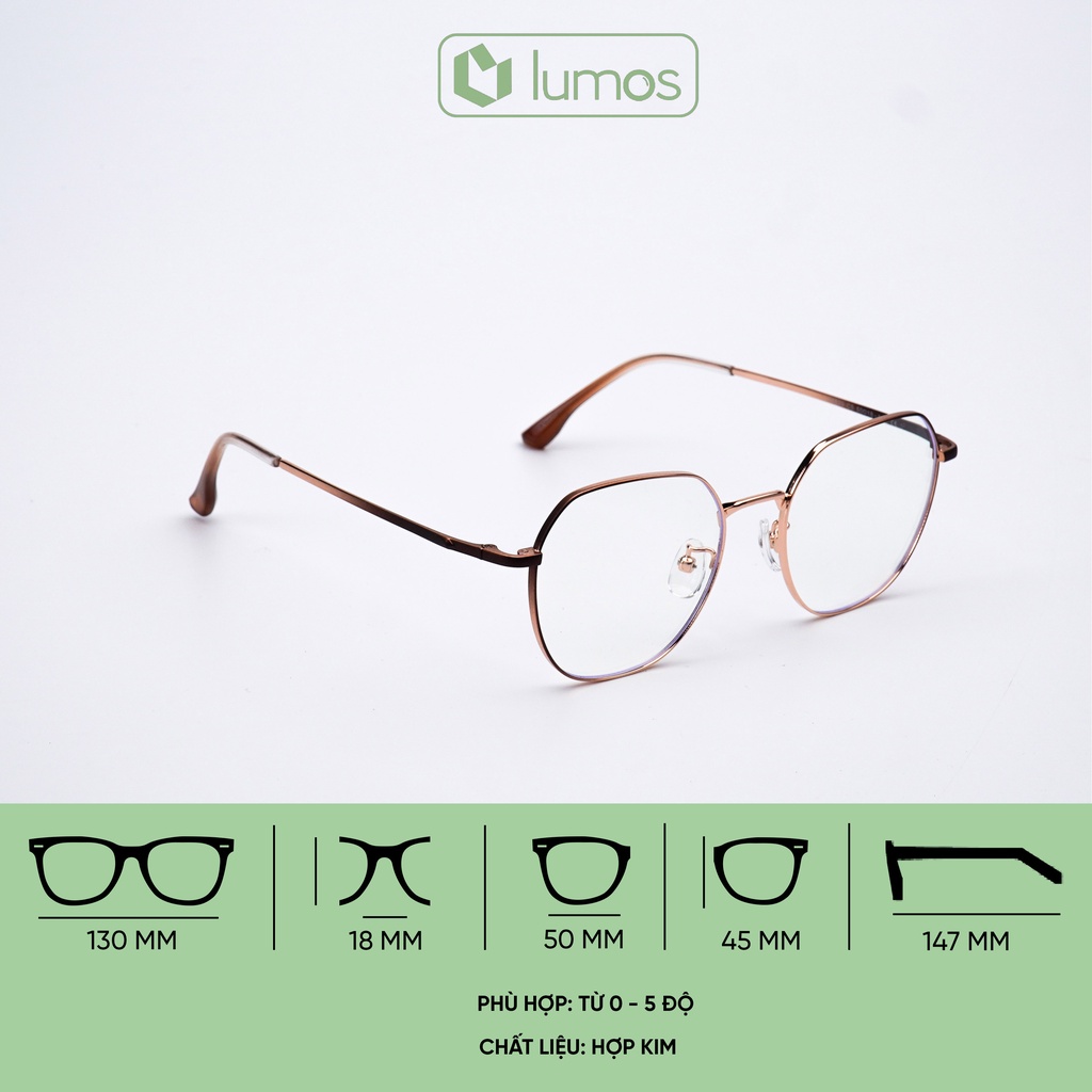 Gọng kính cận nam nữ màu sắc hottrend chất liệu kim loại mắt đa giác thanh mảnh Lumos 5523