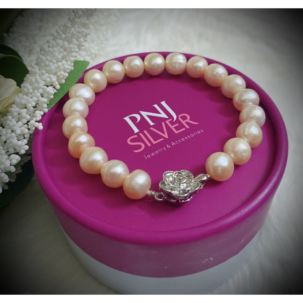 Vòng tay trai thật tự nhiên nuôi nước ngọt 10li hồng ánh cam khóa hoa hồng xịn xò hạt trai tuyển