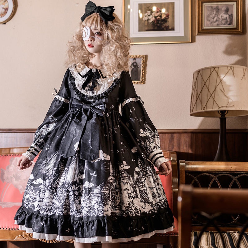 Đầm dài tay phong cách lolita gothic màu tối cá tính dành cho nữ