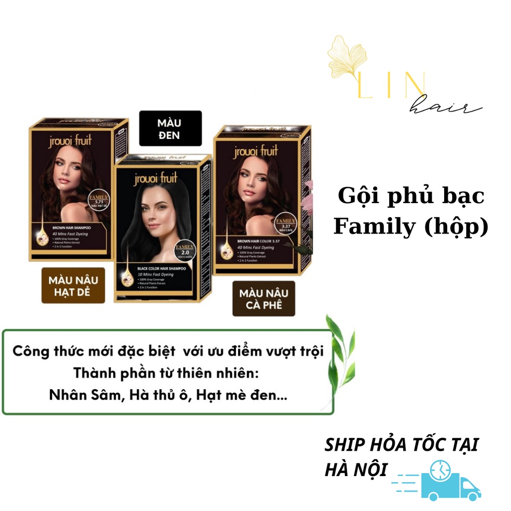 Dầu gội nhuộm đen tóc,cafe, nâu hạt dẻ, thảo dược FAMILY,cho tóc bạc sớm chính hãng (hộp 8 gói)