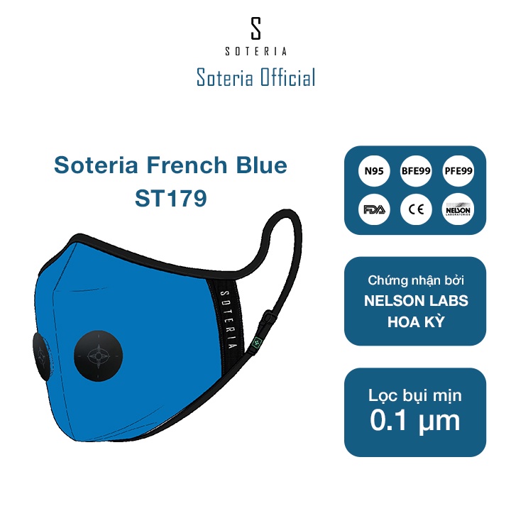 Khẩu trang tiêu chuẩn Quốc Tế SOTERIA French Blue ST179 - Bộ lọc N95 BFE PFE 99 lọc đến 99% bụi mịn 0.1 micro- Size S,M,
