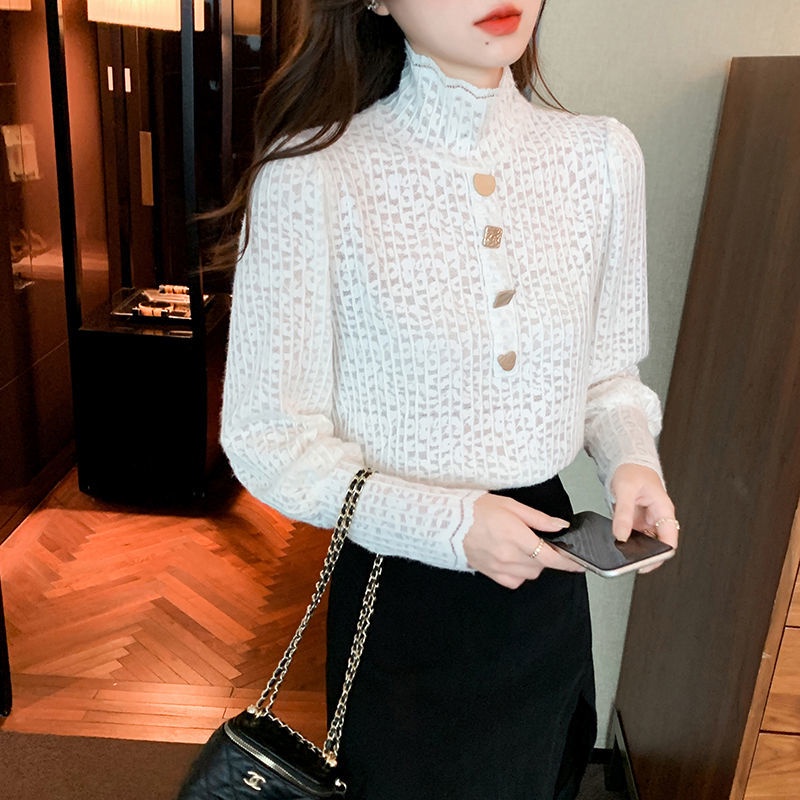 Áo ren cổ cao mỏng phong cách retro Pháp thời trang thu đông mới cho nữ 2021