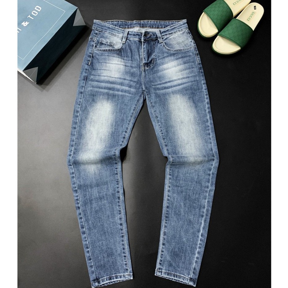 Quần jean nam ống ôm màu xanh dương trơn wash trắng đơn giản chất bò co giãn bốn chiều thời trang cao cấp VBSHOP