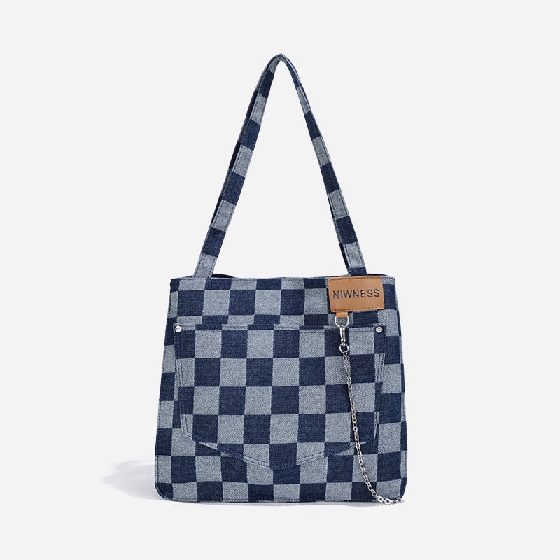 Túi xách đeo vai IELGY sức chứa lớn vải canvas họa tiết ca rô màu xanh dương