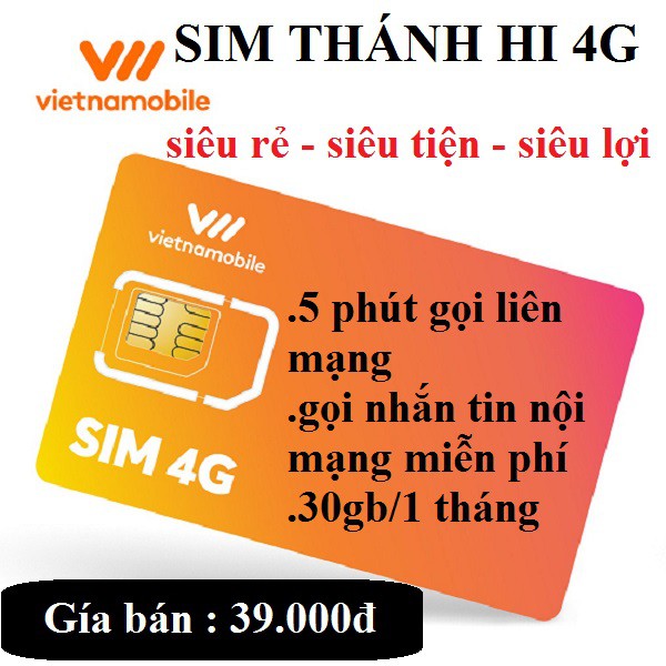 Sim VIETNAMOBILE miễn phí 5 phút gọi ngoại mạng 30gb 1 tháng trọn gói 1 tháng bảo hành 12 tháng