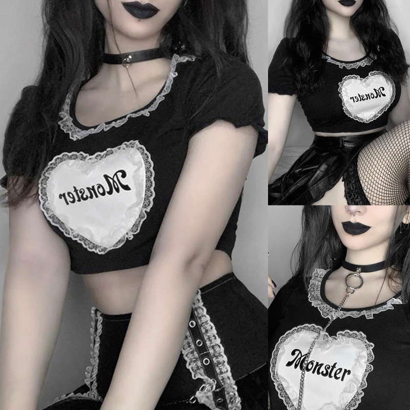 Áo Thun Croptop Tay Ngắn Phồng Phối Ren Họa Tiết Trái Tim Phong Cách Gothic