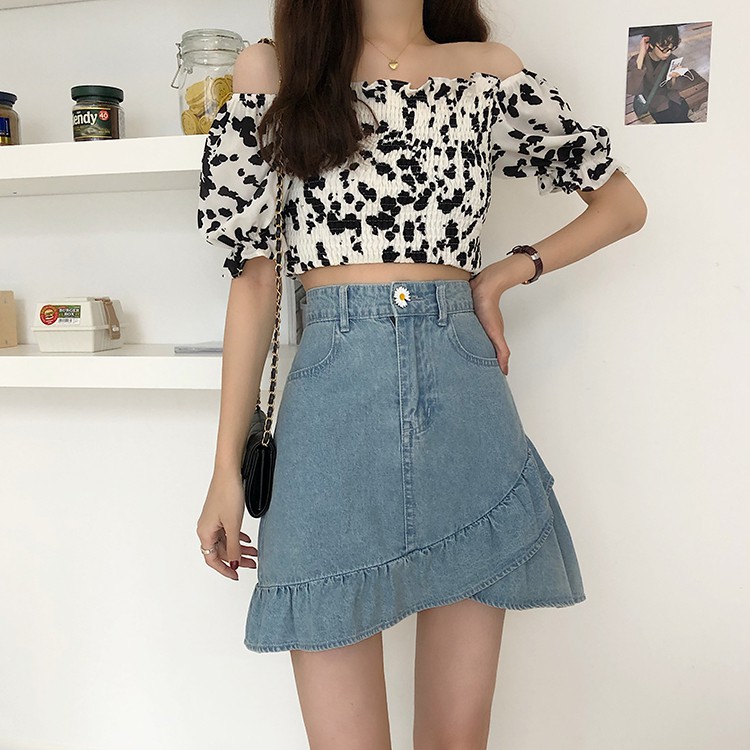 Chân váy denim phối kiểu nhún bèo lệch tà thời trang dành cho nữ | BigBuy360 - bigbuy360.vn