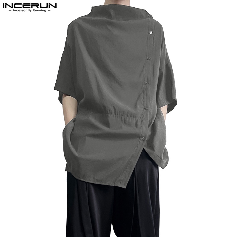 Áo sơ mi Incerun baggy kurta tay ngắn dáng rộng cài nút bên hông phong cách Punk Hippie