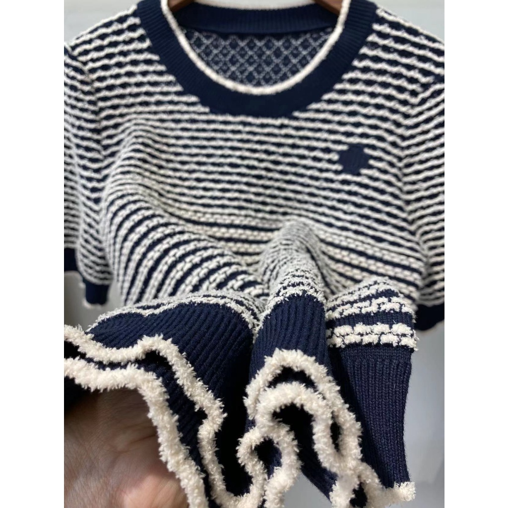 NSRM Maje French style 2022 spring and summer new women's striped hollow round neck design knitted T-shirt top MFPPU00488