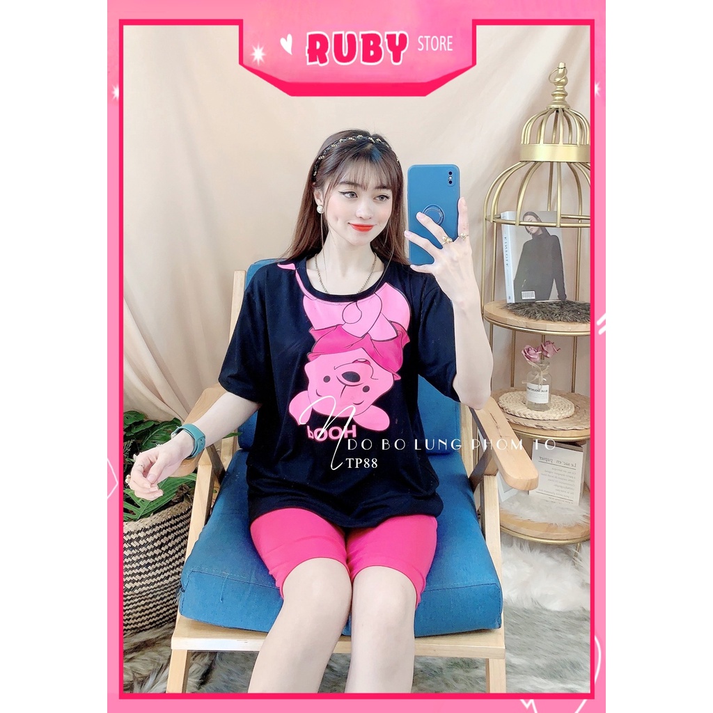 Đồ bộ thun lửng phom to cho nữ mặc nhà chất thun mềm mát in hình gấu hoạt hình dễ thương TP88