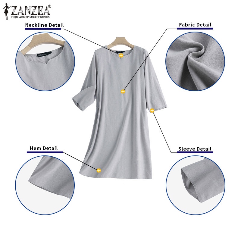 Đầm Chữ H Màu Trơn Tay 3 / 4 Thời Trang Nữ ZANZEA