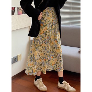 (HÀNG SẴN) Chân váy midi hoa xanh vàng retro dáng dài Vintage ngọt ngào Hàn Quốc 2020