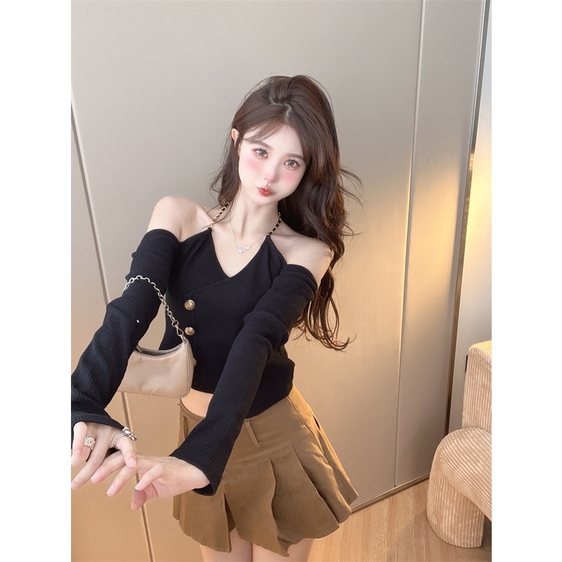 ZHELIHANGFEI Áo Len Tay Dài Cổ Yếm Lưng Cao Kiểu Dáng Sexy