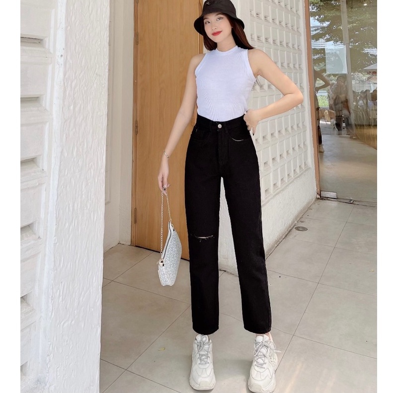 Quần Baggy Jean Nữ  Rách Gối Cạp Cao Màu Đen Ôm Eo, Ống đứng Che Khuyết Điểm Thương Hiệu Goong | BigBuy360 - bigbuy360.vn