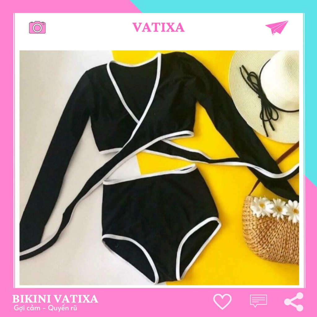 Bikini đồ bơi tay dài đắp chéo quần cạp cao viền trắng cột dây ngực sành điệu VATIXA BKN04