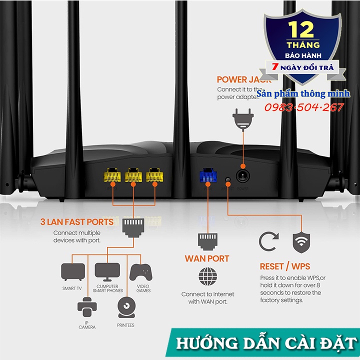 Bộ phát Wifi Router Tenda AC23 băng tần kép - Chuẩn AC2100 - 7 anten 6dbi - kết nối 128 thiết bị