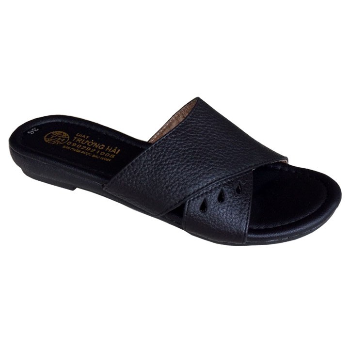 Dép nữ da bò  quai ngang Màu đen Trường Hải Đế Cao su không trơn  DN250