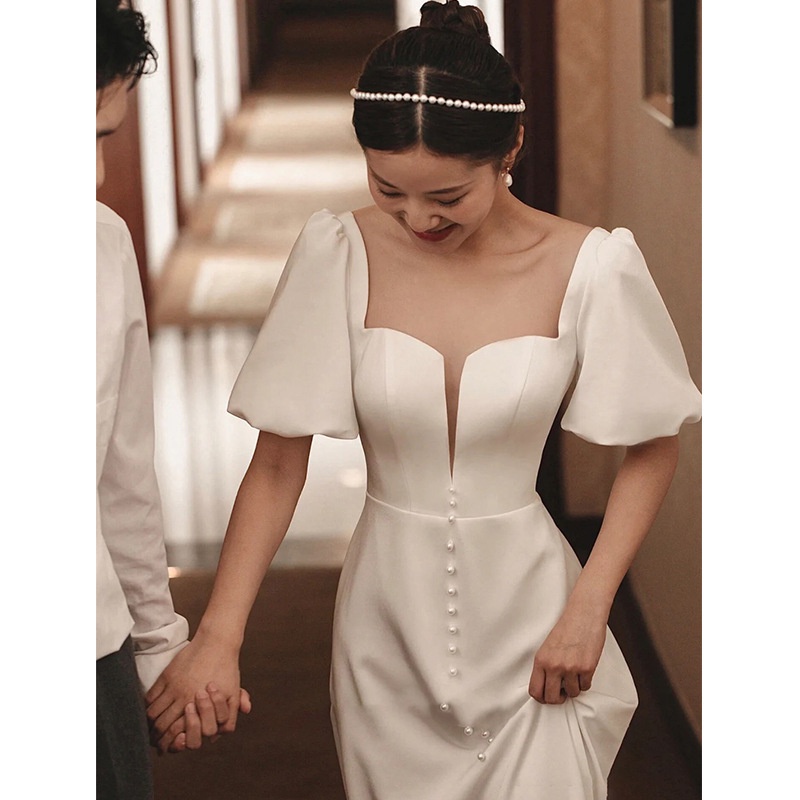Đầm Cưới Satin Dáng Dài Màu Trắng Đơn Giản Kiểu Pháp Mới
